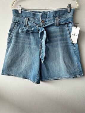 7 For All Mankind Washed Blue Denim Paperbag Tie-Waist Shorts